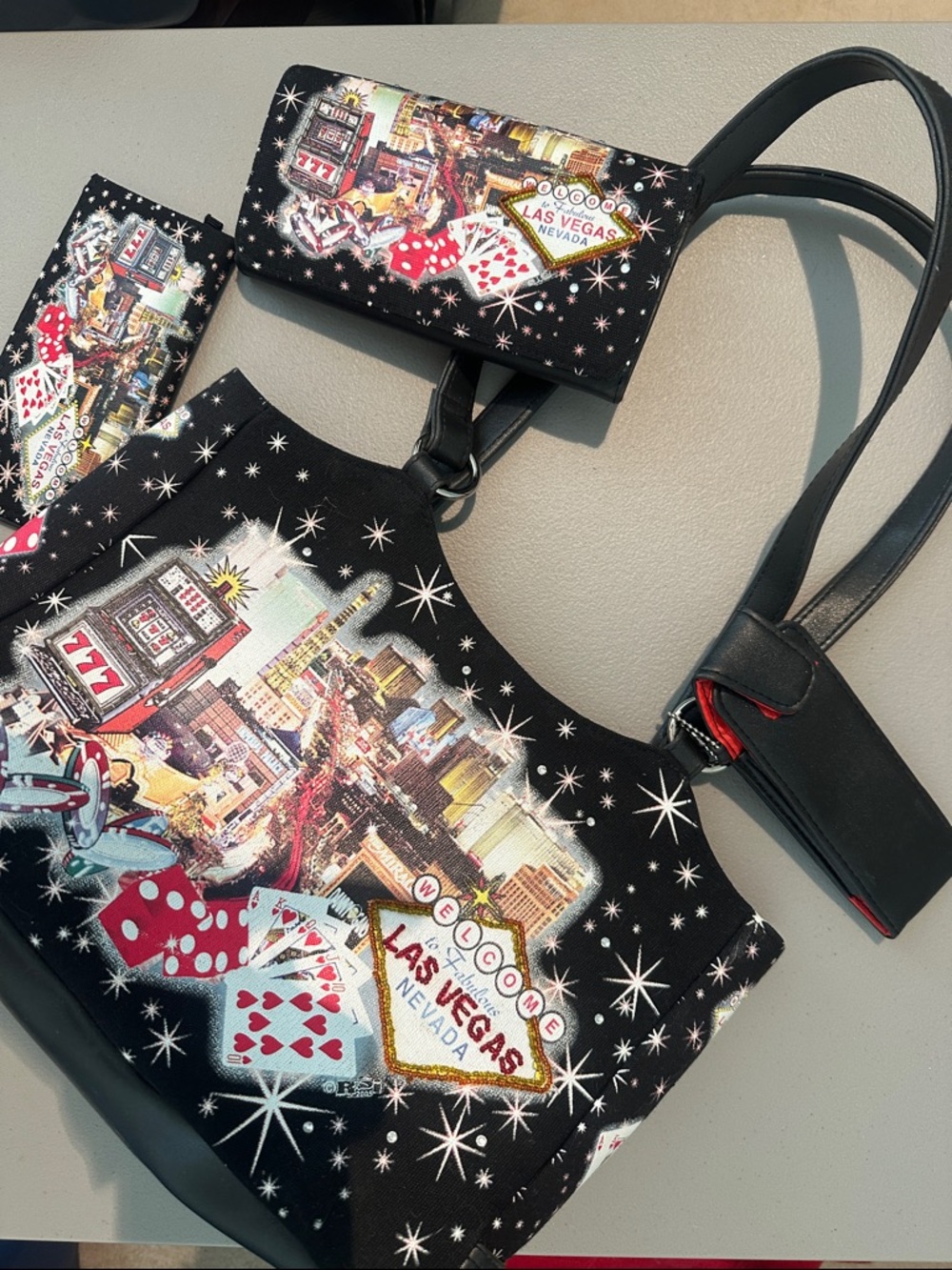Las Vegas Print Black Tote Bag with Card Holder